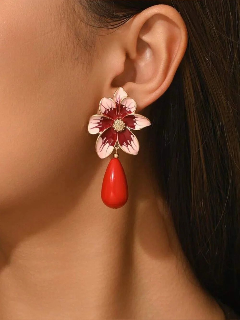 Red and Pink Floral Drop Earrings A1715